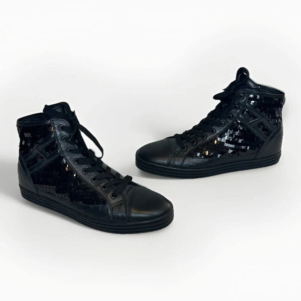 Hogan Rebel Black Metallic Sequin High‎ Top Leather Sneakers Ws Sz 41 US 10.5